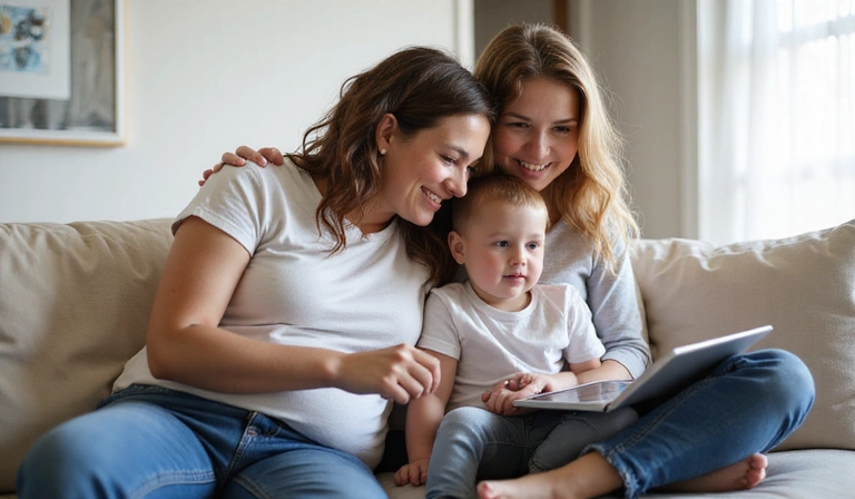 Parents supervising child using a tablet safely